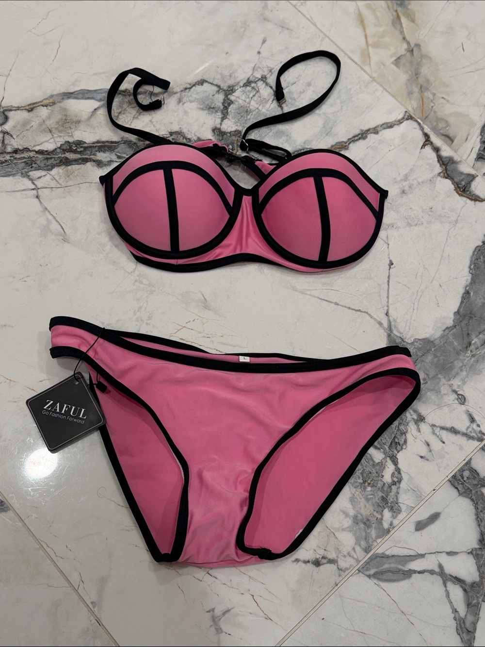 NWT Zaful Pink Bikini Set with Black Trim Large